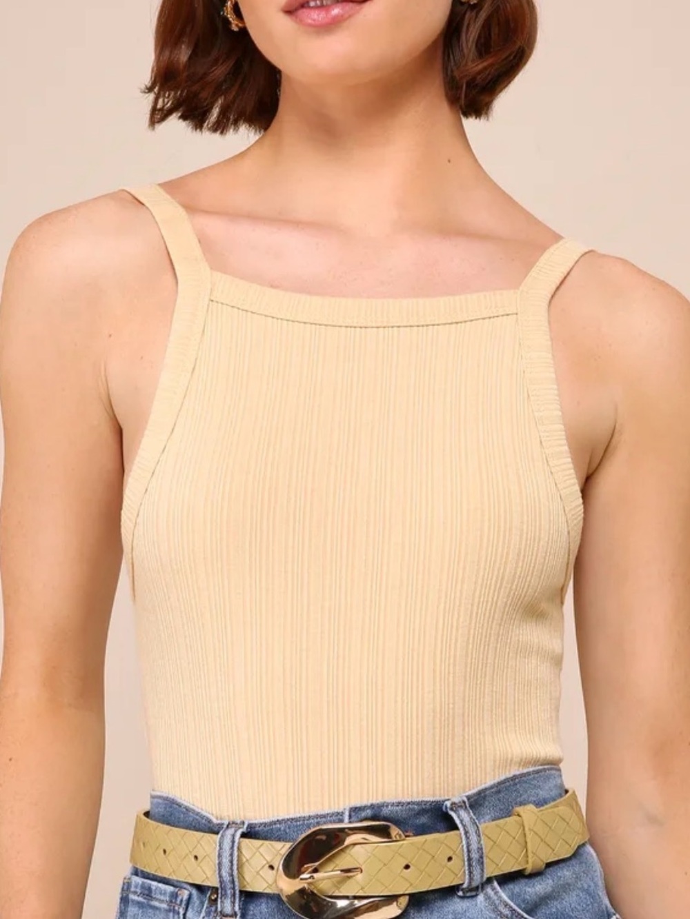 Lulus Yellow Ribbed Bodysuit Beige Size Small